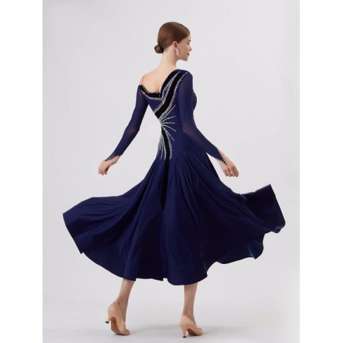Customized size Navy blue competition ballroom dance dresses slant neck long sleeves rhinestones professional tango foxtrot smooth senior dance long gown